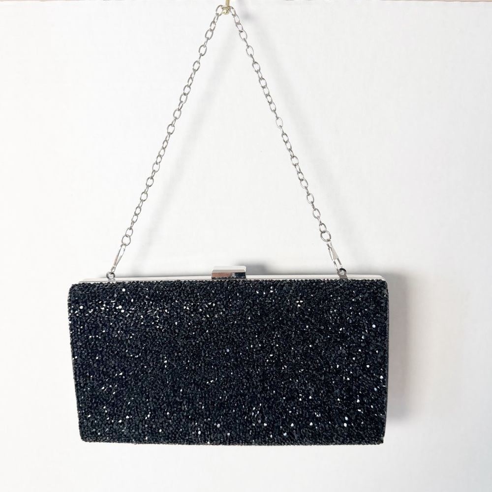 Black Facet Cut Beaded Hard Shell Evening Clutch with Satin Lining, Chain Handle